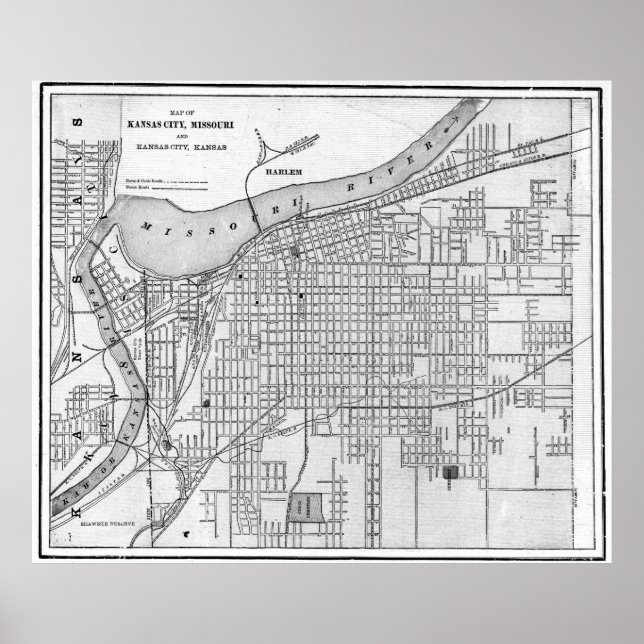 Póster Mapa de época de Kansas City Missouri (1901) BW (Frente)