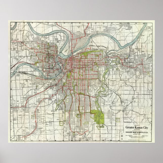 Póster Mapa de época de Kansas City Missouri (1920) (Frente)