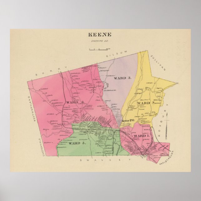 Póster Mapa de época de Keene New Hampshire (1892) (Frente)