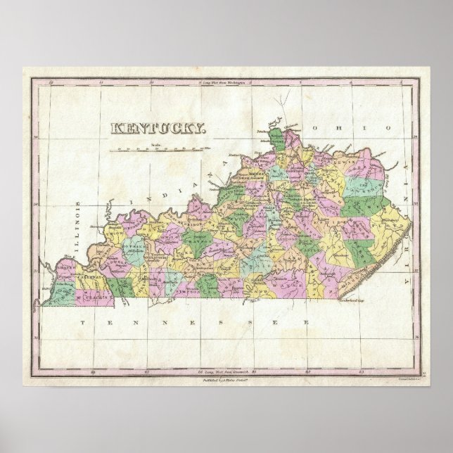 Póster Mapa de época de Kentucky (1827) (Frente)