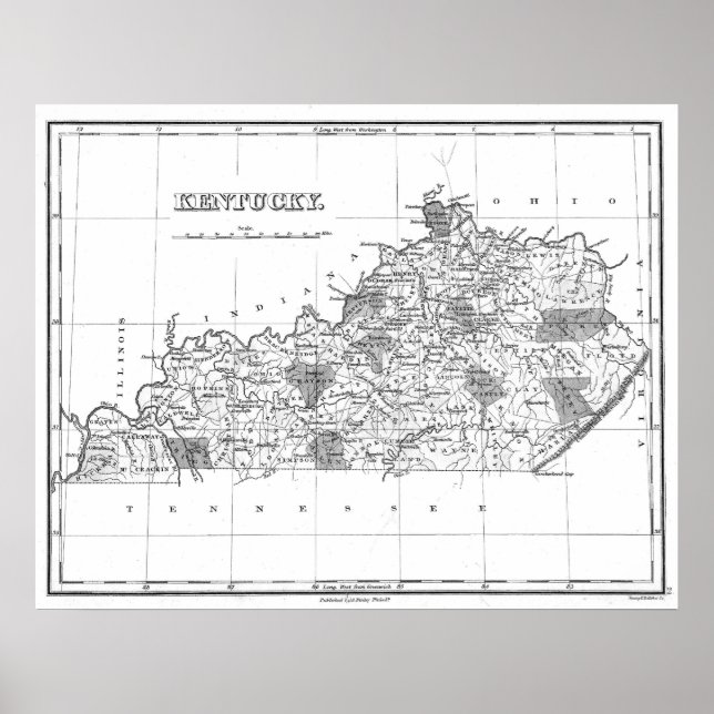 Póster Mapa de época de Kentucky (1827) BW (Frente)