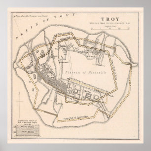 Póster Mapa de época de la antigua Troya (1874)