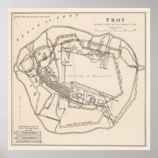 Póster Mapa de época de la antigua Troya (1874) (Frente)