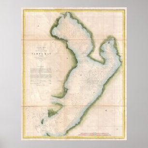 Póster Mapa de época de la bahía costera de Tampa (1855)