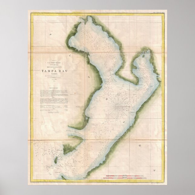 Póster Mapa de época de la bahía costera de Tampa (1855) (Frente)