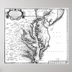 Póster Mapa de época de la bahía de Chesapeake (1719) BW