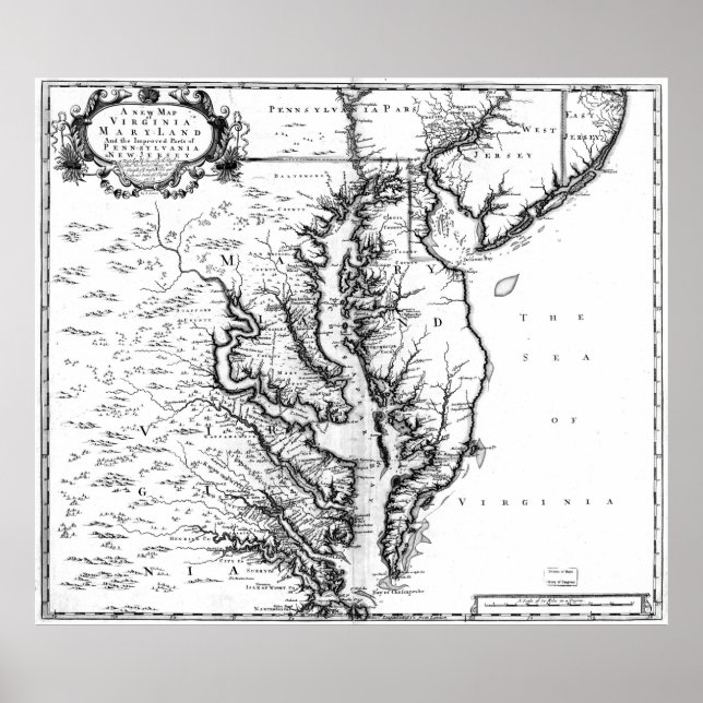 Póster Mapa de época de la bahía de Chesapeake (1719) BW (Frente)