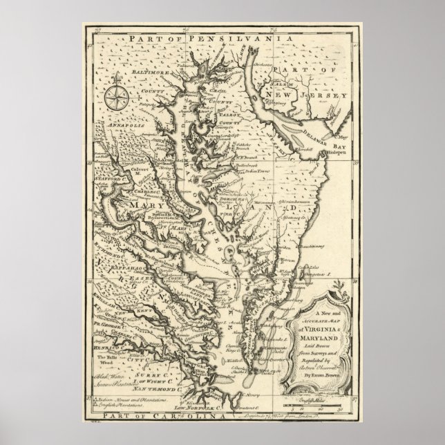 Póster Mapa de época de la bahía de Chesapeake (1752) (Frente)