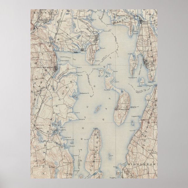 Póster Mapa de época de la bahía de Narragansett (1888) (Frente)