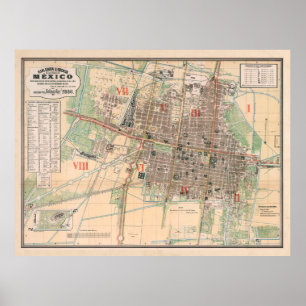Póster Mapa de época de la Ciudad de México (1886)