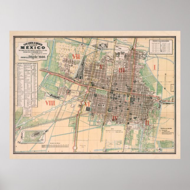 Póster Mapa de época de la Ciudad de México (1886) (Frente)