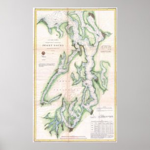 Póster Mapa de época de la costa de Puget Sound Washingto