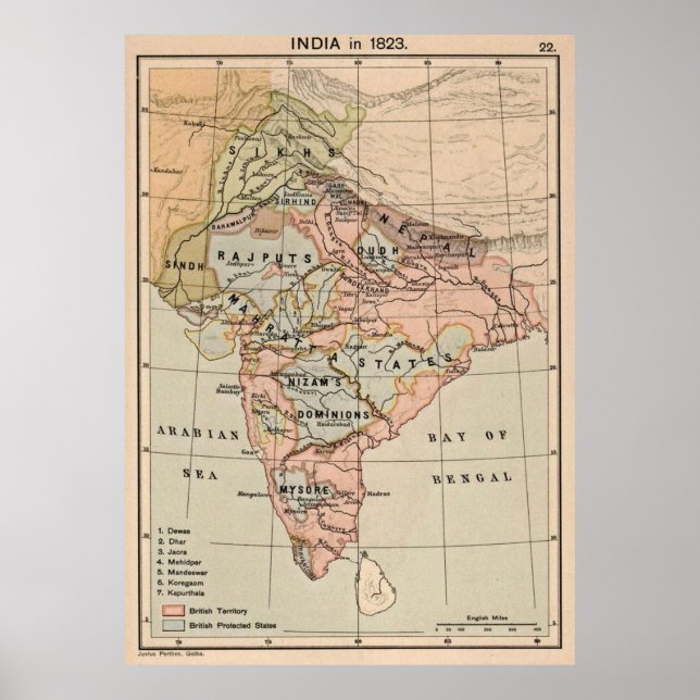 Póster Mapa de época de la India (1823) (Frente)