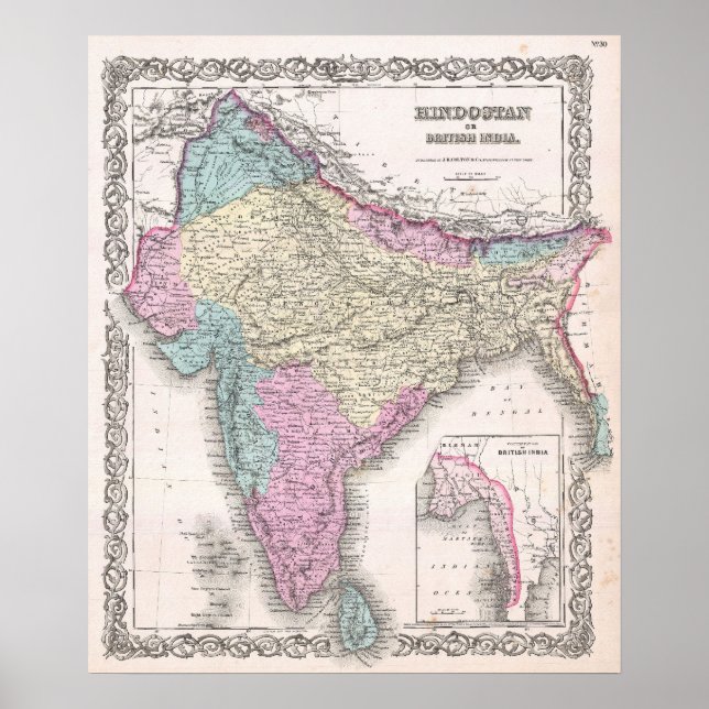Póster Mapa de época de la India (1855) (Frente)
