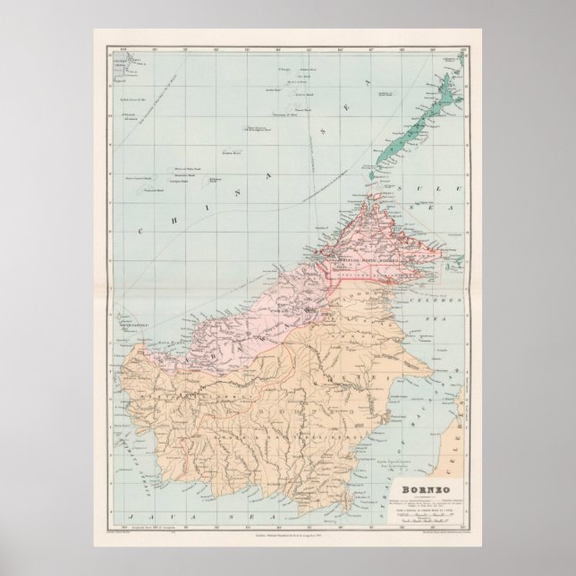Póster Mapa de época de la isla de Borneo (1904) (Frente)
