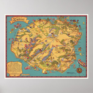 Póster Mapa de época de la isla de Kauai