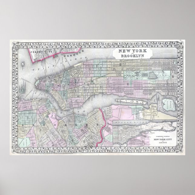 Póster Mapa de época de la NYC y brooklyn (1867) (Frente)