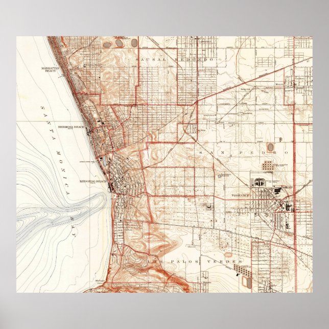 Póster Mapa de época de la playa de Redondo y Torrance CA (Frente)