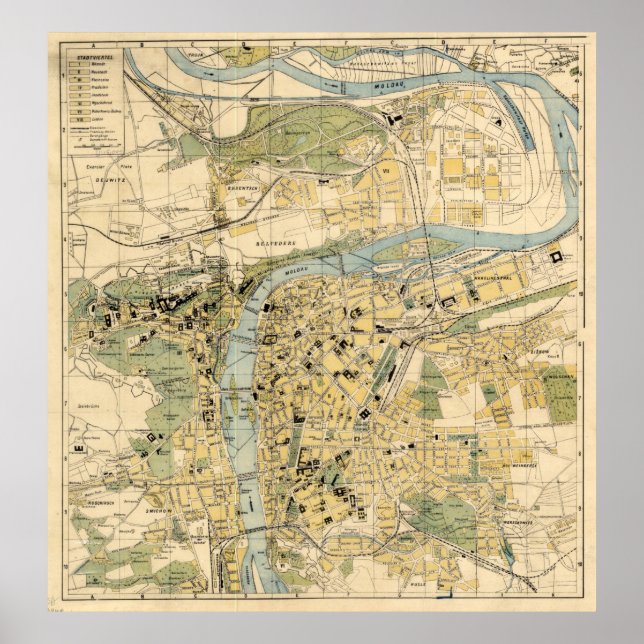 Póster Mapa de época de la República Checa de Praga (1905 (Frente)