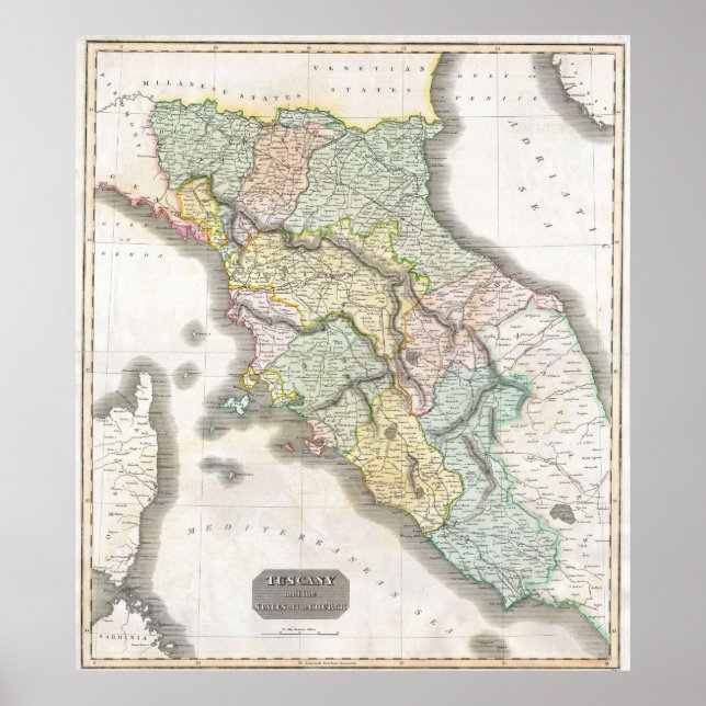 Póster Mapa de época de la Toscana Italia (1814) (Frente)