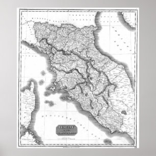 Póster Mapa de época de la Toscana Italia (1814) BW