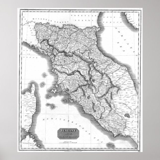 Póster Mapa de época de la Toscana Italia (1814) BW (Frente)