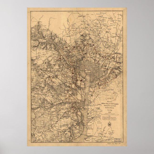Póster Mapa de época de la zona de Washington DC (1865) (Frente)