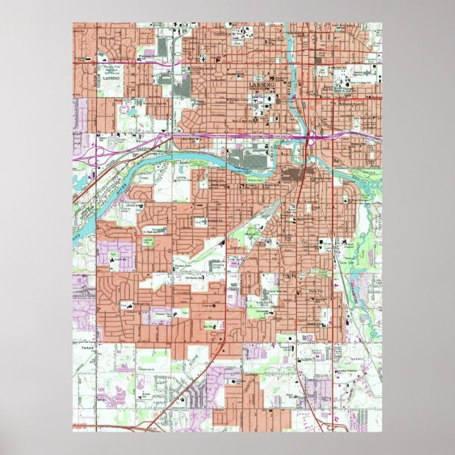 Póster Mapa de época de Lansing Michigan (1965) (Frente)