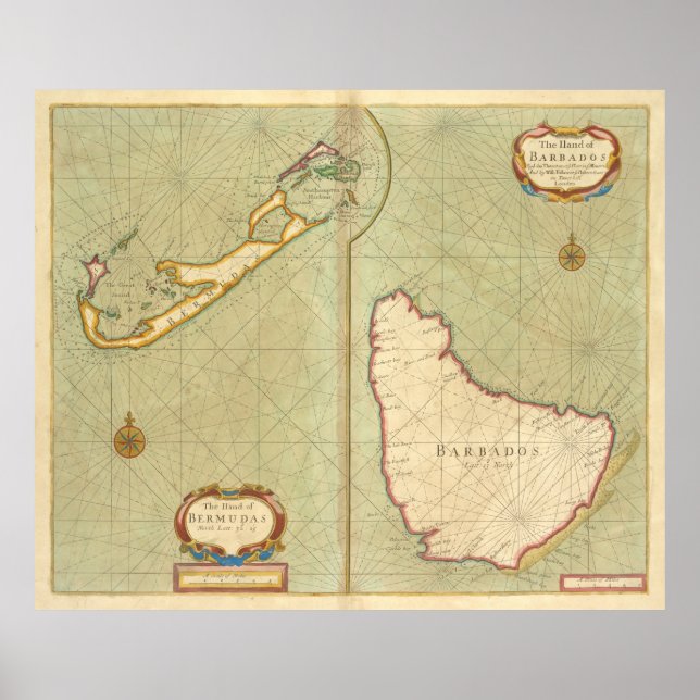 Póster Mapa de época de las Bermudas y Barbados (1707) (Frente)