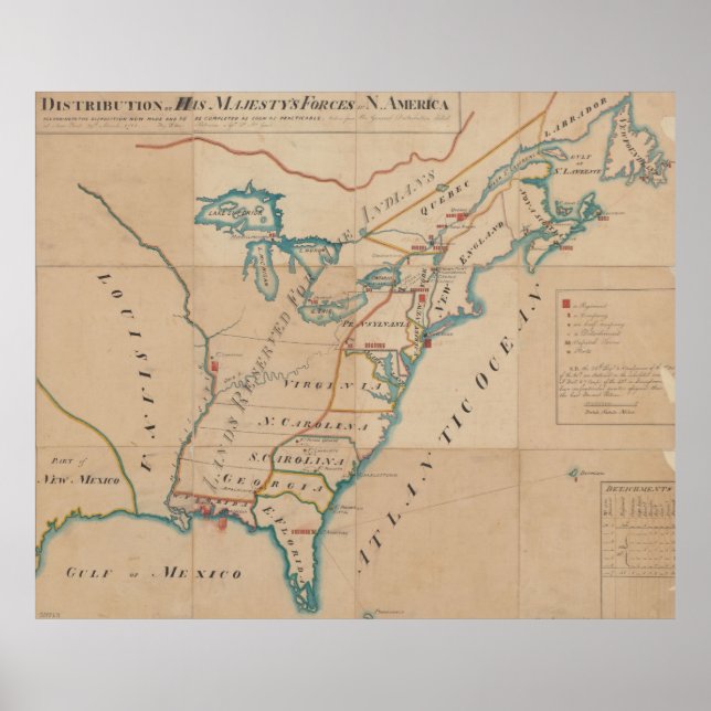 Póster Mapa de época de las fuerzas británicas en América (Frente)