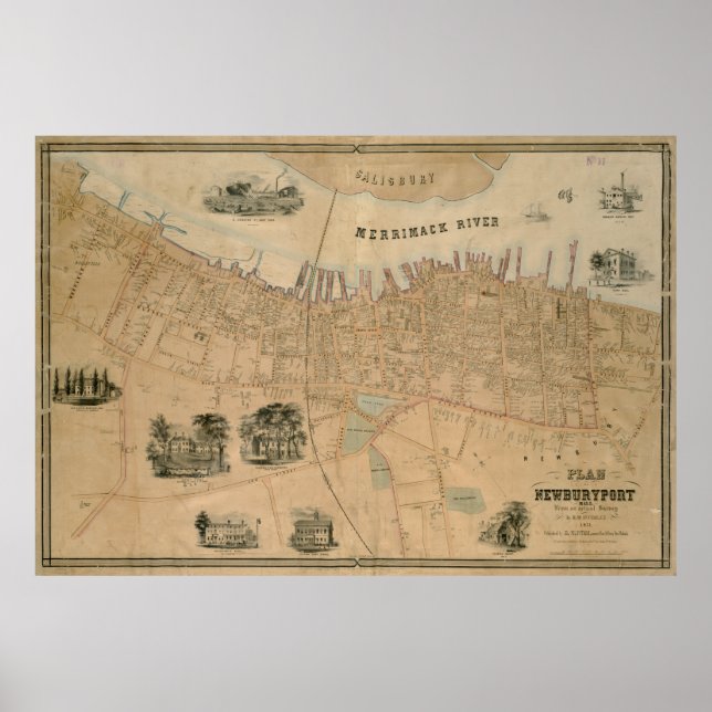 Póster Mapa de época de las MAMÁES de Newburyport (1851) (Frente)