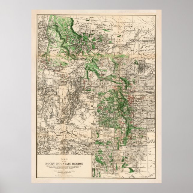 Póster Mapa de época de las montañas rocosas (1885) (Frente)