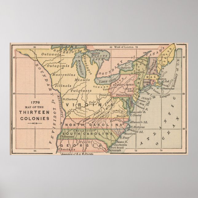 Póster Mapa de época de las trece colonias (1885) (Frente)