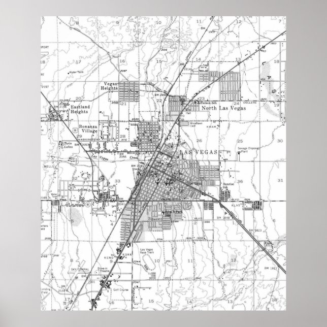 Póster Mapa de época de Las Vegas Nevada (1952) BW (Frente)