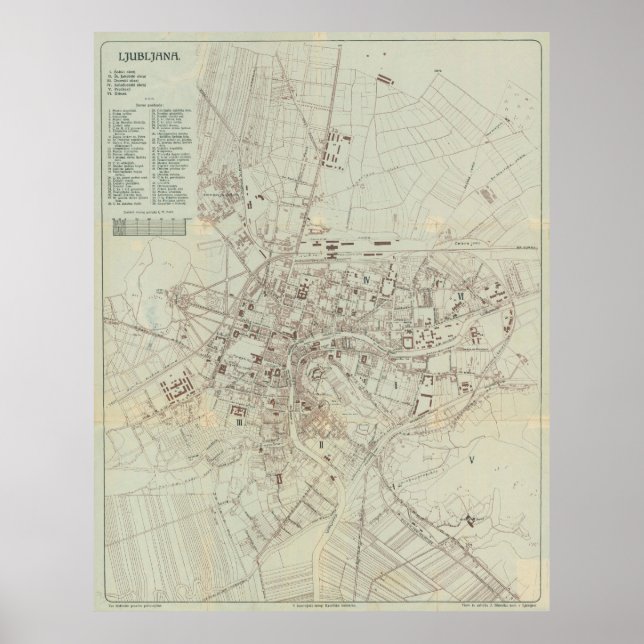Póster Mapa de época de Ljubljana Eslovenia (1910) (Frente)