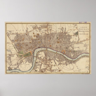Póster Mapa de época de Londres Inglaterra (1807)