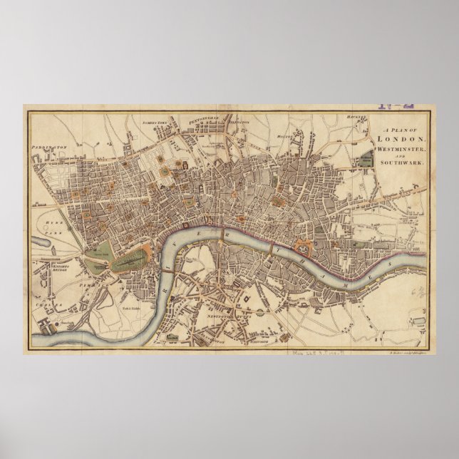 Póster Mapa de época de Londres Inglaterra (1807) (Frente)