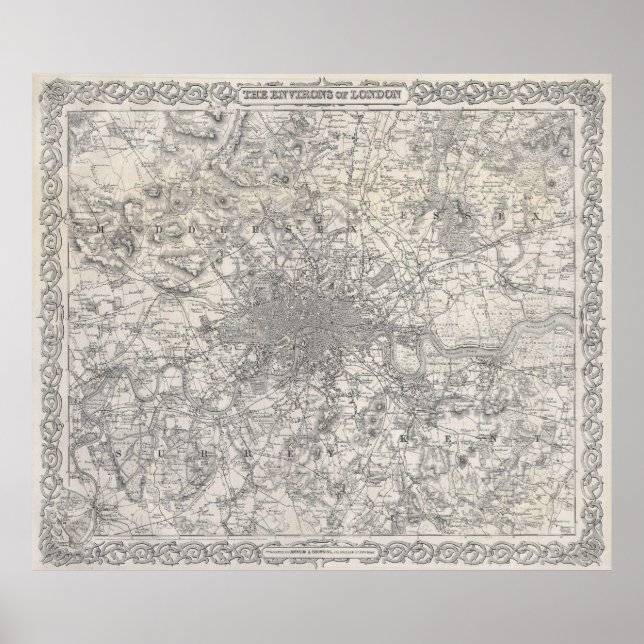 Póster Mapa de época de Londres Inglaterra (1855) (Frente)