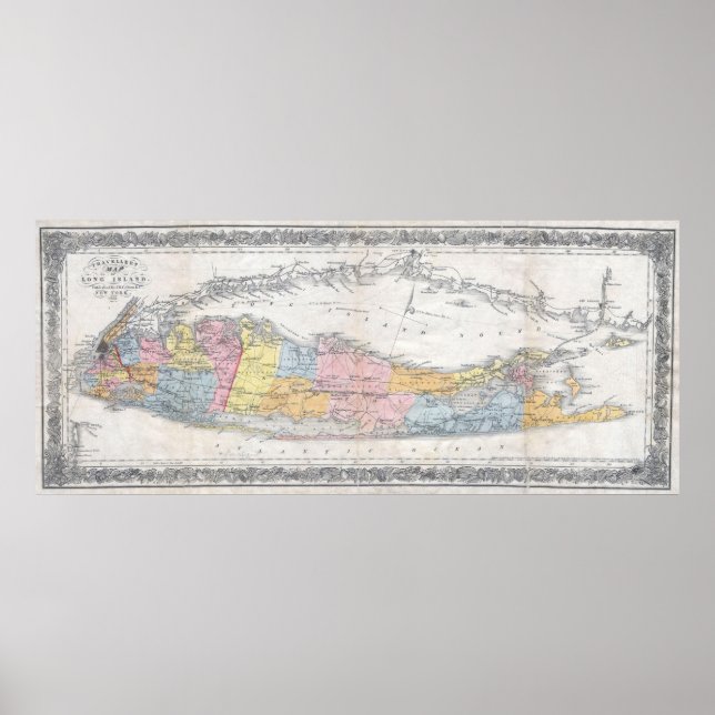 Póster Mapa de época de Long Island New York (1857) (Frente)