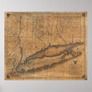 Póster Mapa de época de Long Island y Connecticut (1815)