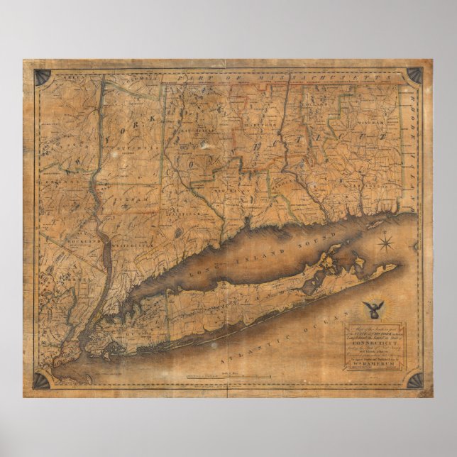 Póster Mapa de época de Long Island y Connecticut (1815) (Frente)