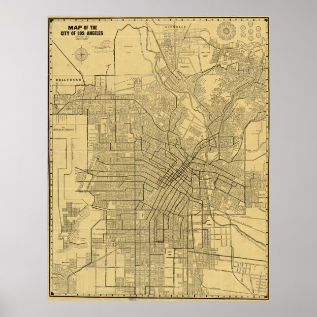 Póster Mapa de época de Los Ángeles CA (1914) (Frente)