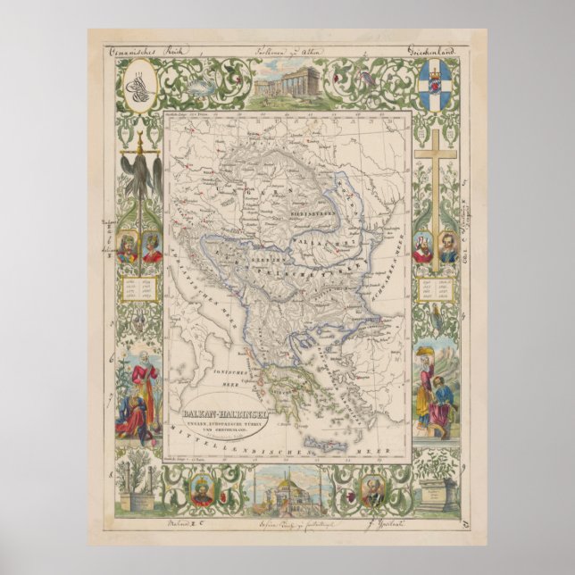 Póster Mapa de época de los Balcanes (1841) (Frente)