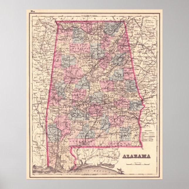 Póster Mapa de época de los condados de Alabama (1876) (Frente)
