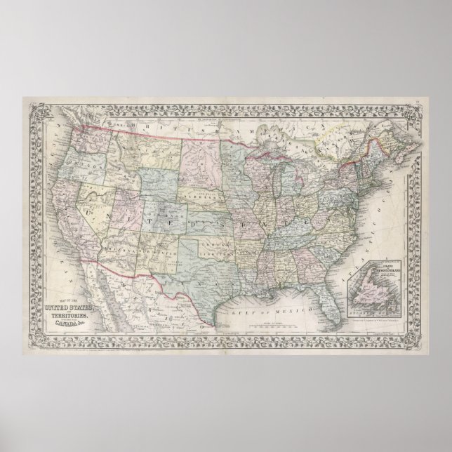 Póster Mapa de época de los Estados Unidos (1867) (Frente)