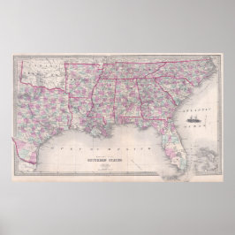 Póster Mapa de época de los Estados Unidos del Sur (1868)