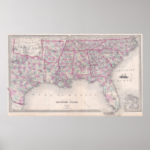 Póster Mapa de época de los Estados Unidos del Sur (1868)
