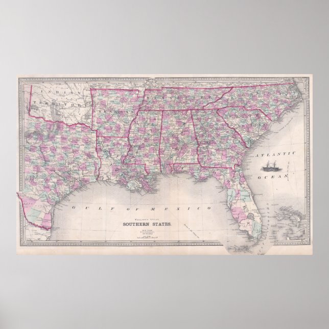 Póster Mapa de época de los Estados Unidos del Sur (1868) (Frente)