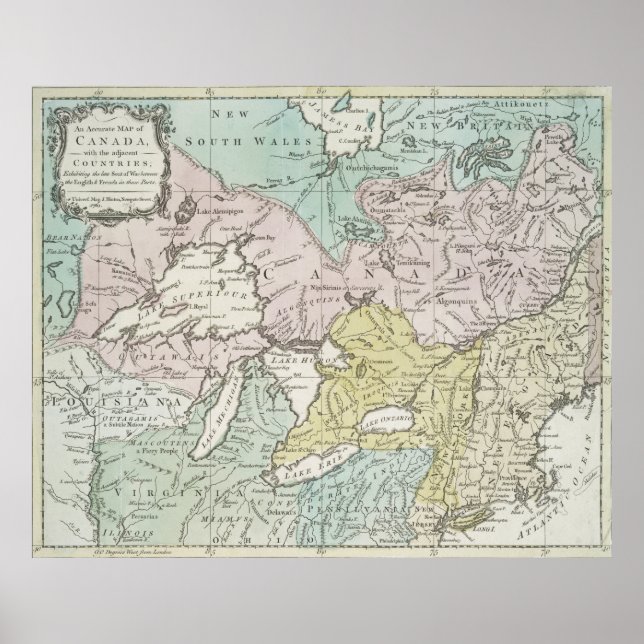 Póster Mapa de época de los Grandes Lagos y Canadá (1761) (Frente)