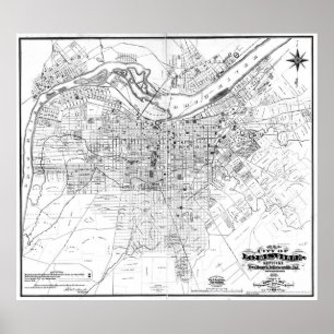 Póster Mapa de época de Louisville Kentucky (1873) BW
